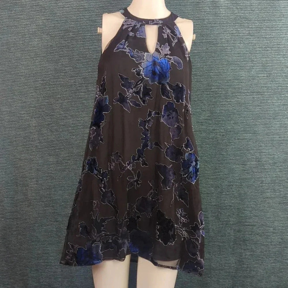 As U Wish Gigi Trapeze Swing Dress, Burned Out Velvet Blue On Black - Picture 3 of 14